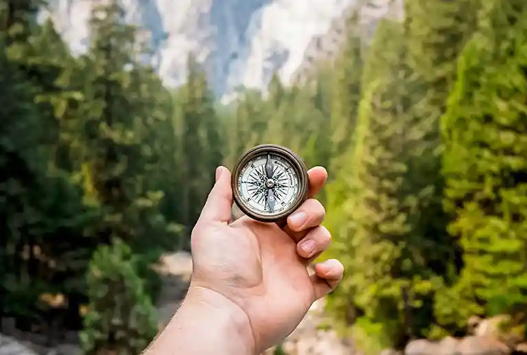 orientation post-bac réussie : main tenant une boussole devant une forêt